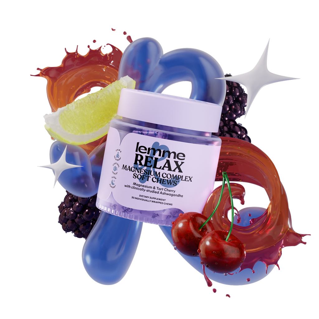 Jar of 'lemme RELAX' magnesium complex soft chews surrounded by fruit elements on a white background