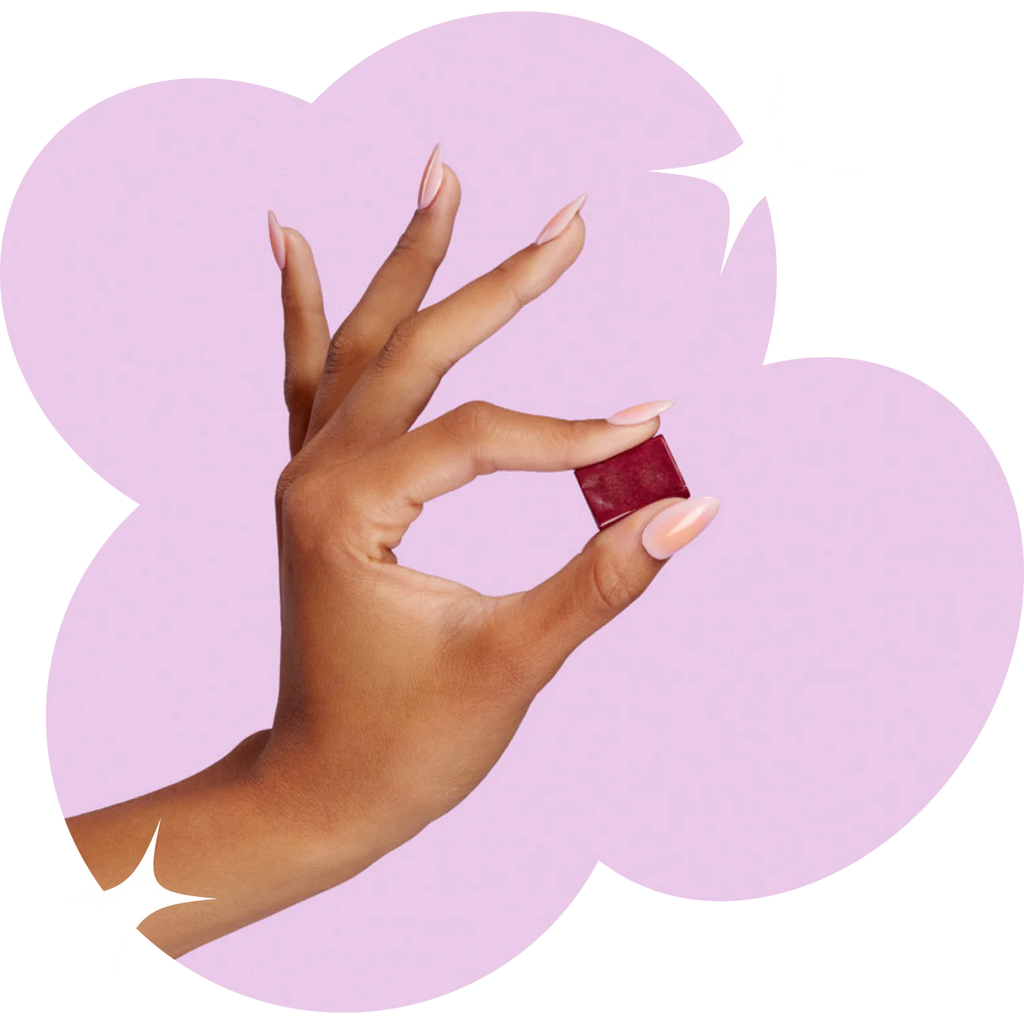 lemme chew held with a hand on purple shaped background and stars 