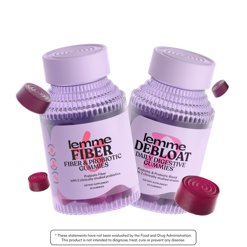 Two bottles of lemme Fiber and Probiotic Gummies and Daily Debloat Gummies on a white background.
