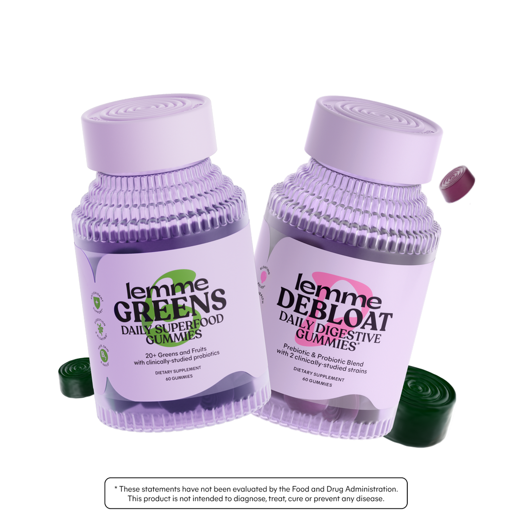Two bottles of lemme Greens and lemme Deboat daily supplement gummies on a white background.