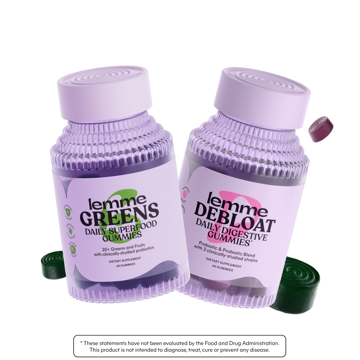 Two bottles of lemme Greens and lemme Deboat daily supplement gummies on a white background.