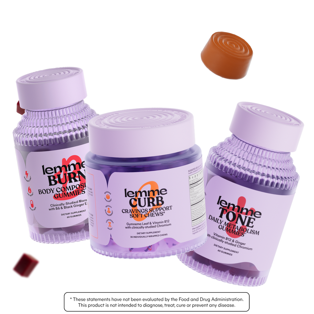 Three purple supplement containers labeled 'lemme Burn', 'lemme Curb', and 'lemme Tone' on a white background.