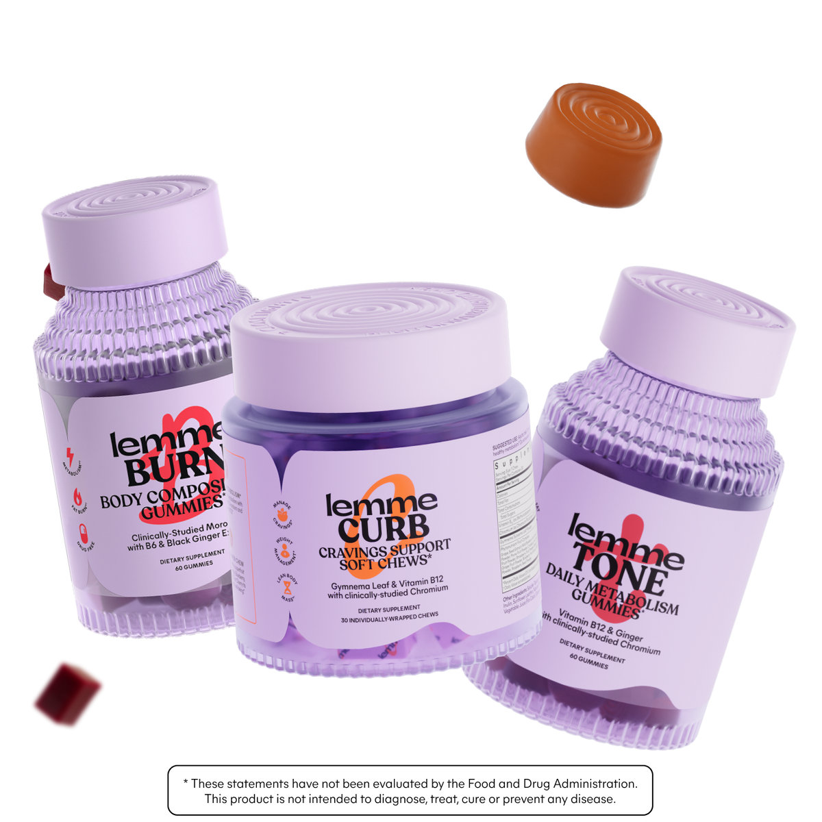 Three purple supplement containers labeled 'lemme Burn', 'lemme Curb', and 'lemme Tone' on a white background.