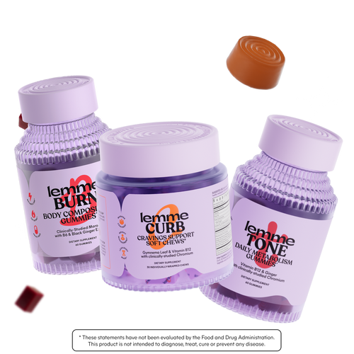 Three purple supplement containers labeled 'lemme Burn', 'lemme Curb', and 'lemme Tone' on a white background.