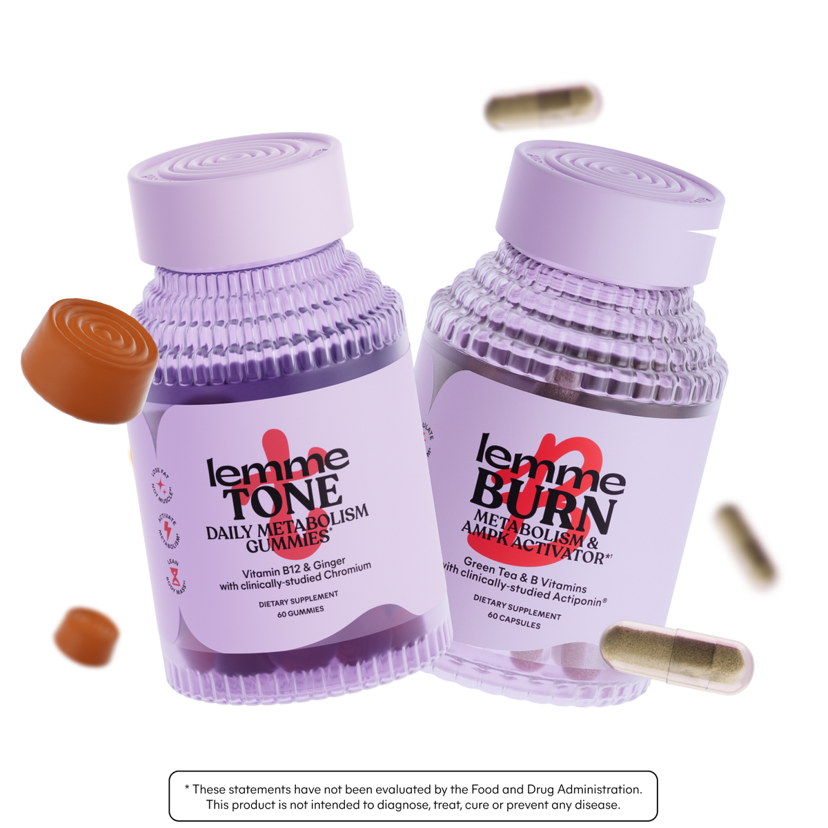 Two bottles of lemme Tone and lemme Burn supplements with capsules on a white background.