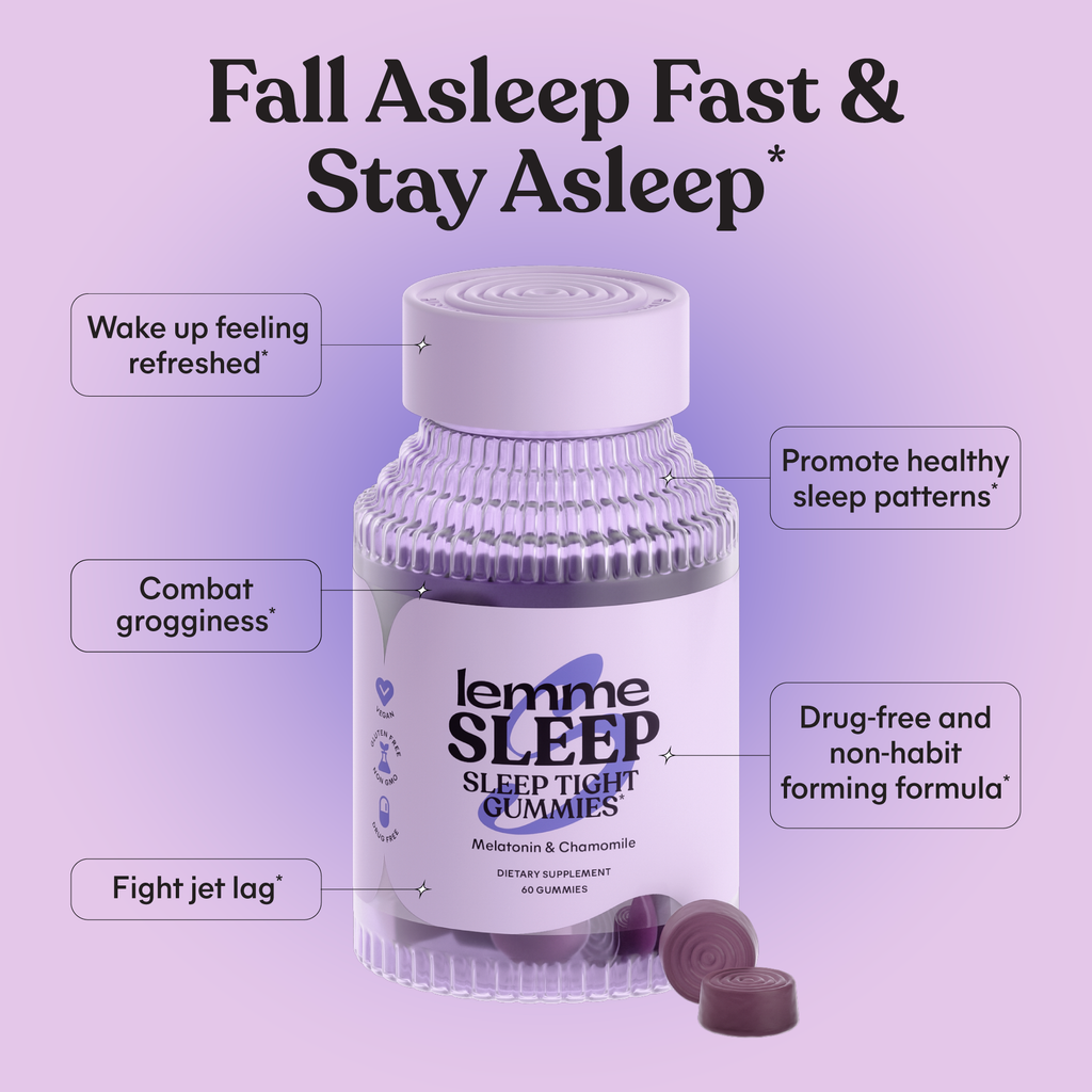 Sleep gummies packaging with text on a purple background