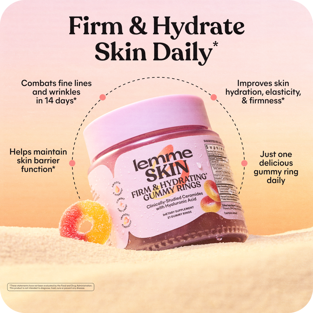 A jar of Lemme Skin Firm & Hydrating Gummy Rings shown on a soft peach background with marketing text around it. The product is a translucent pink-lilac jar with a white label and a pink lid, placed on a sandy surface with a gummy ring beside it.