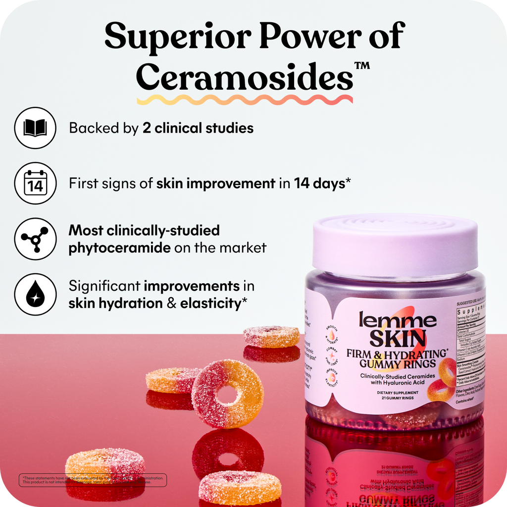 Lemme Skin Firm & Hydrating Gummy Rings supplement bottle with several gummy rings displayed on a pink reflective surface, alongside marketing text about clinical studies and skin improvement.