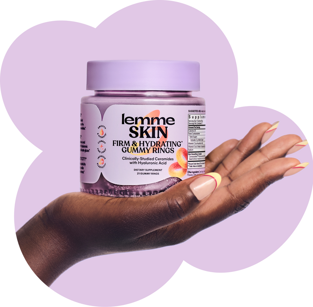 A hand holding a bottle of Lemme Skin Firm & Hydrating Gummy Rings against a stylized lavender cloud-shaped background on a white field.