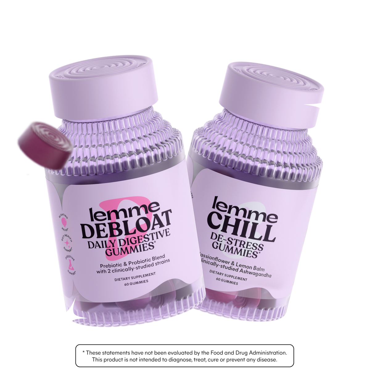 Two bottles of 'lemme' gummies labeled 'DeBloate' and 'Chill' on a white background.