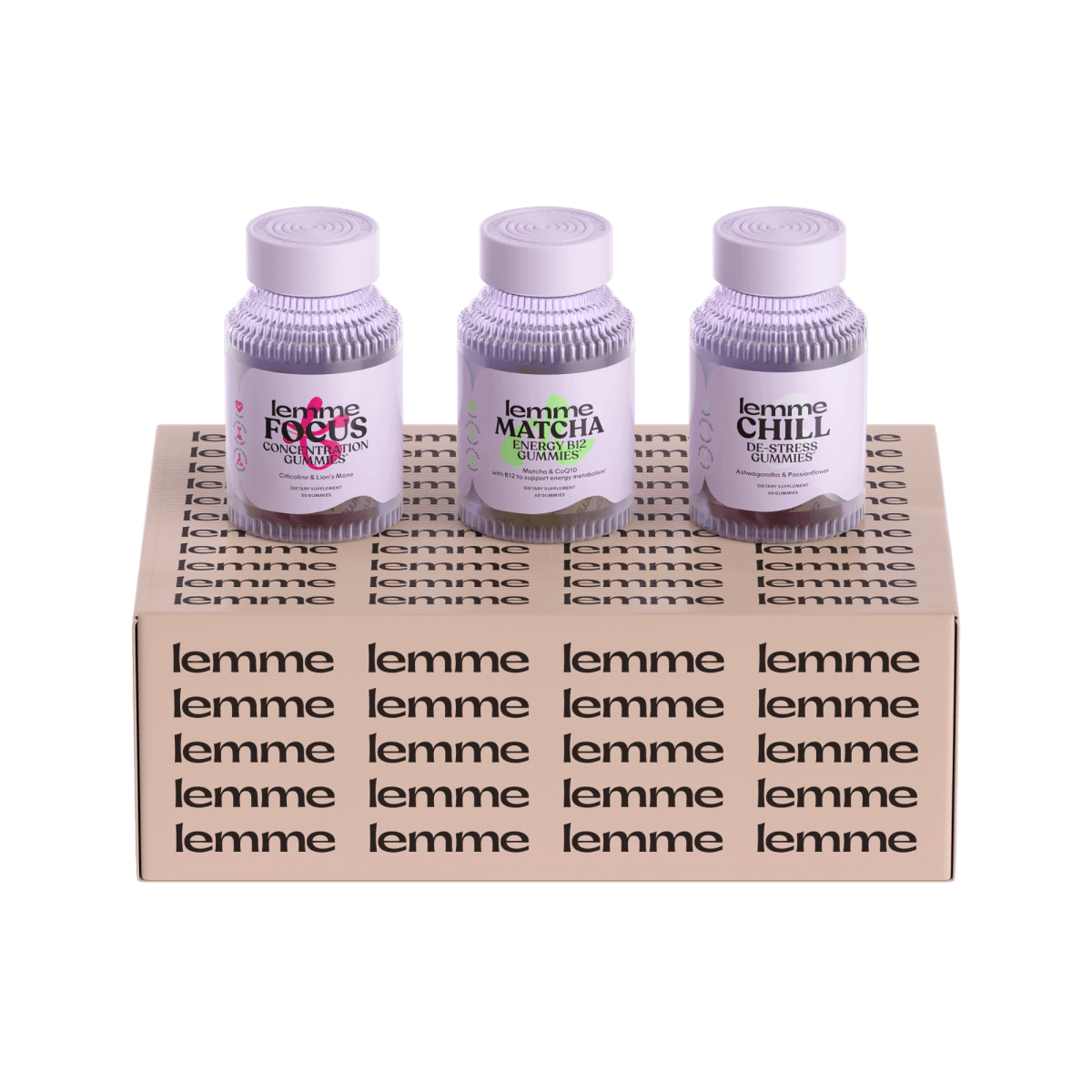 Three bottles of 'lemme' products on a branded box with a black background