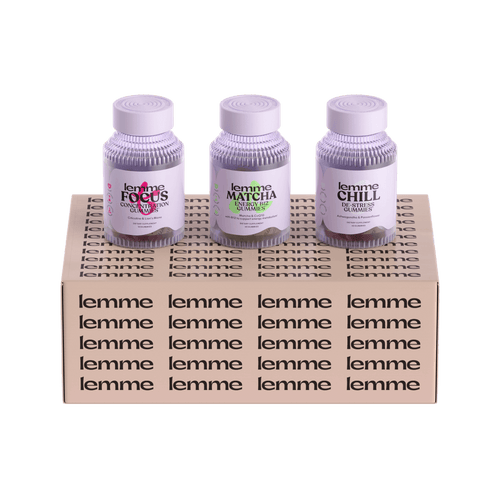 Three bottles of 'lemme' products on a branded box with a black background