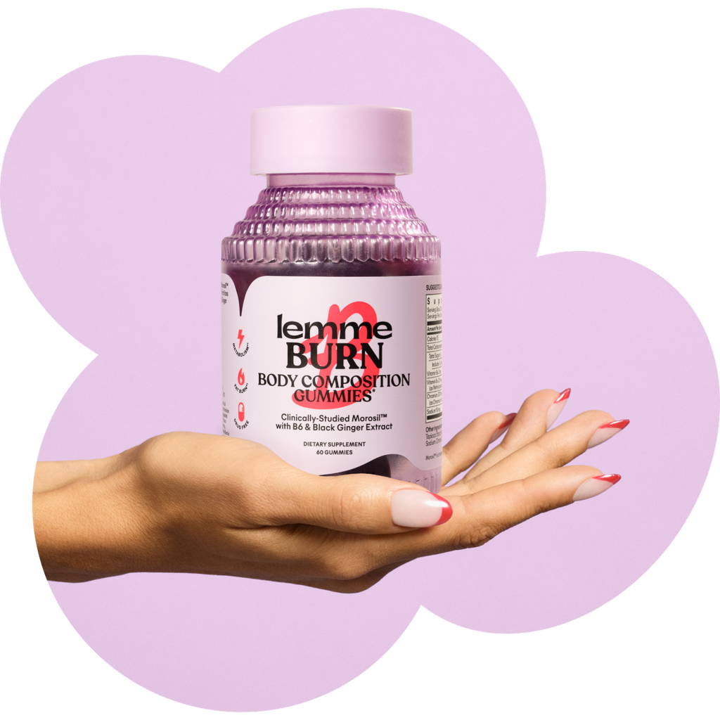 Hand holding a bottle of 'lemme BURN' body composition gummies against a purple heart-shaped background