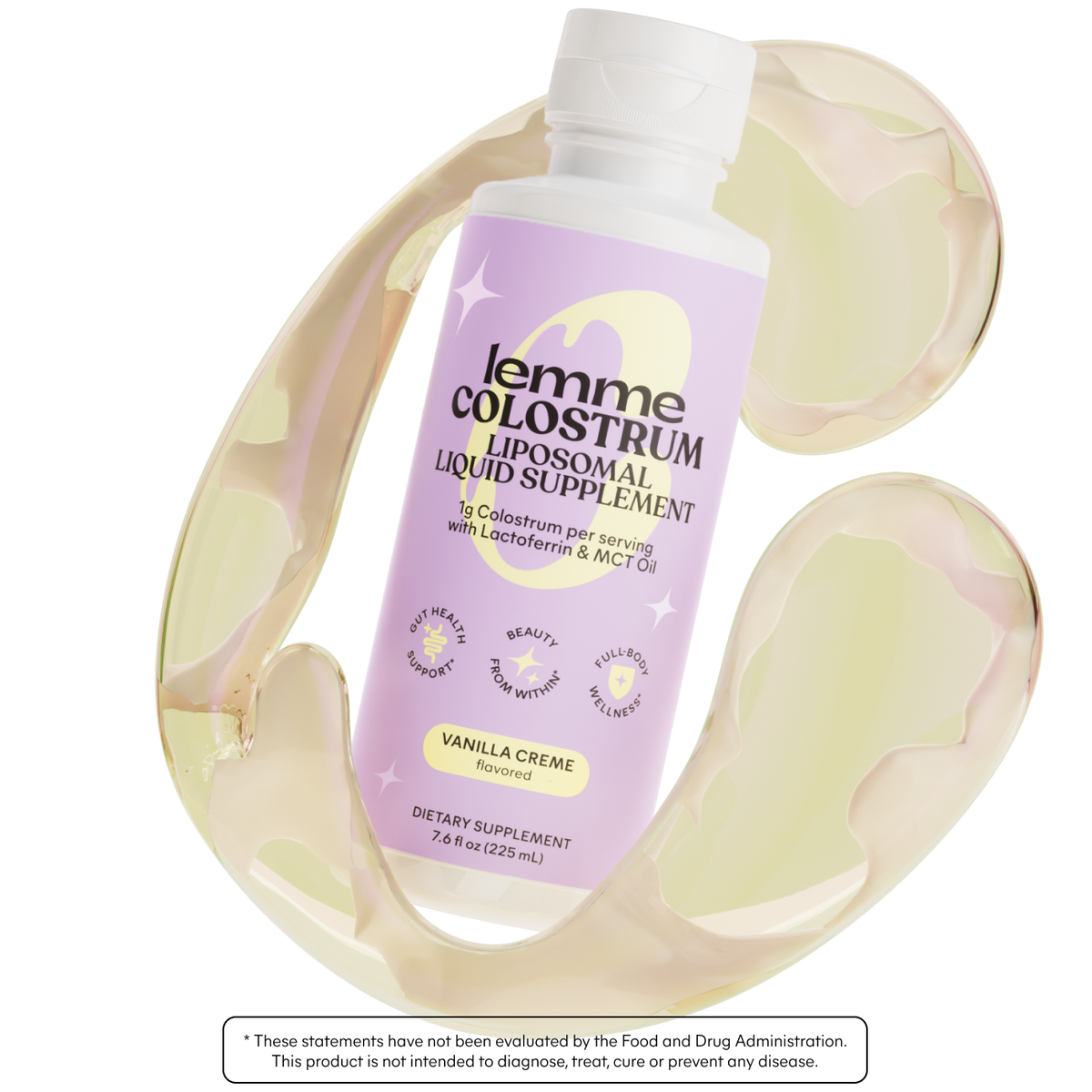 Lemme Colostrum liposomal liquid supplement bottle with a white cap on a white background
