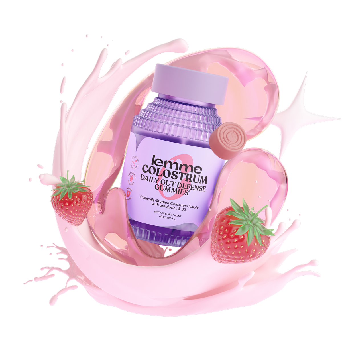 bottle of 'lemme colostrum' gummies with strawberries on a white background