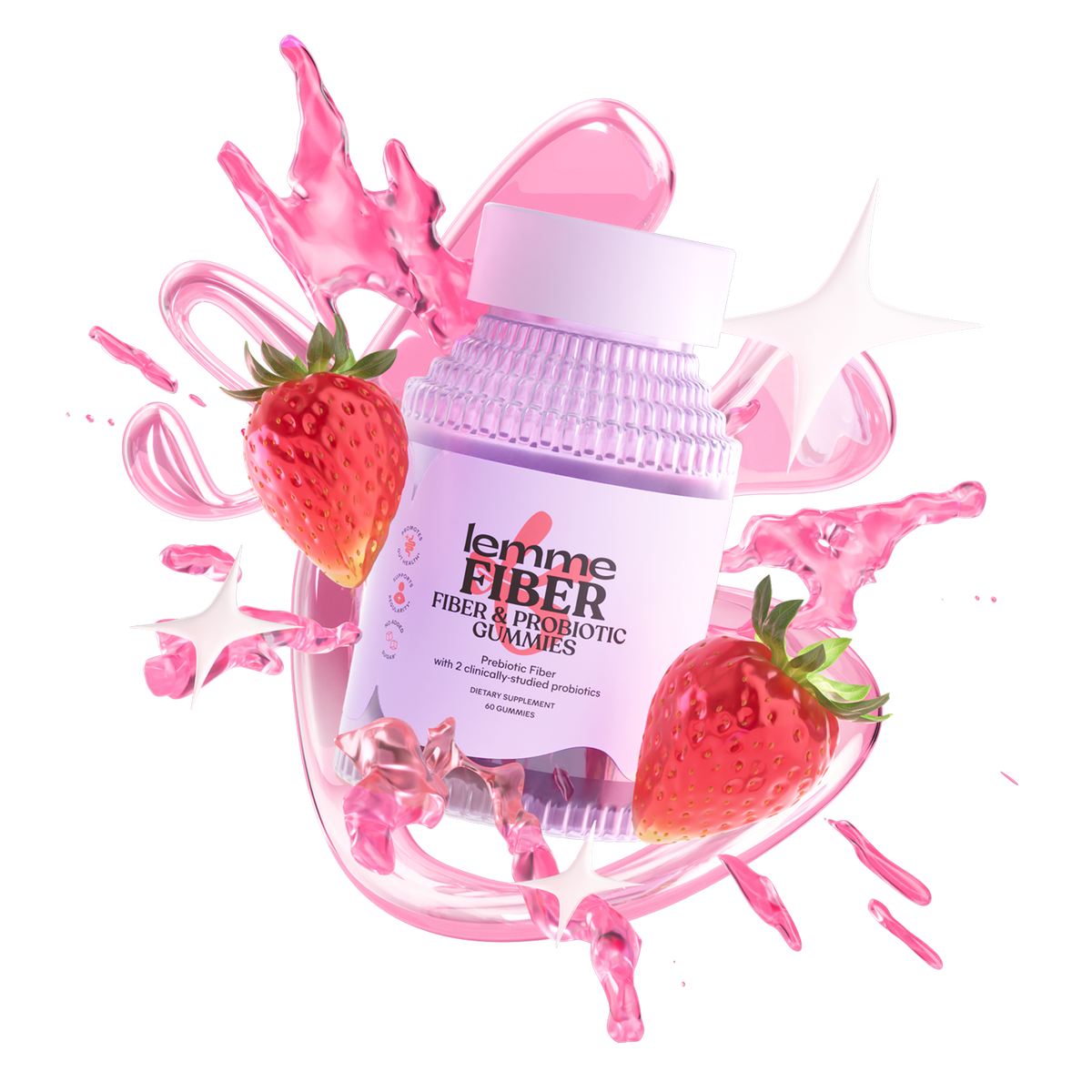 Fiber supplement bottle with strawberries and pink liquid splashes on a white background
