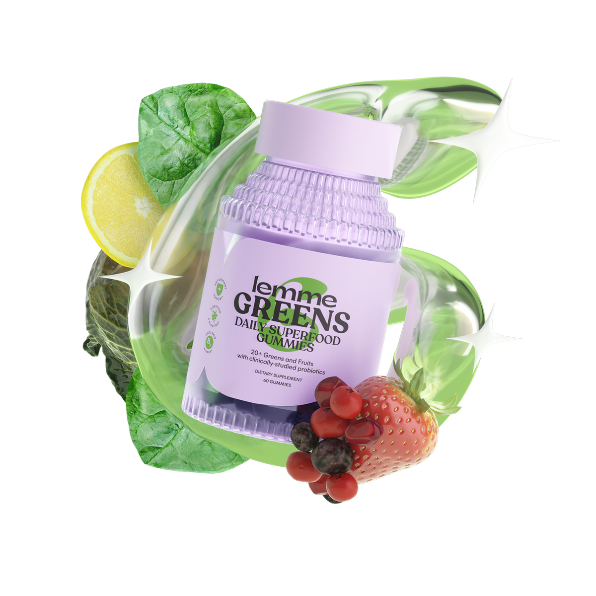 Lemme Greens daily superfood gummies packaging with fruits and vegetables on a white background