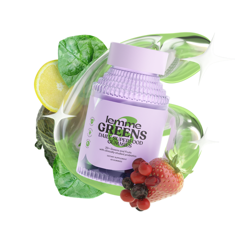 Lemme Greens daily superfood gummies packaging with fruits and vegetables on a white background
