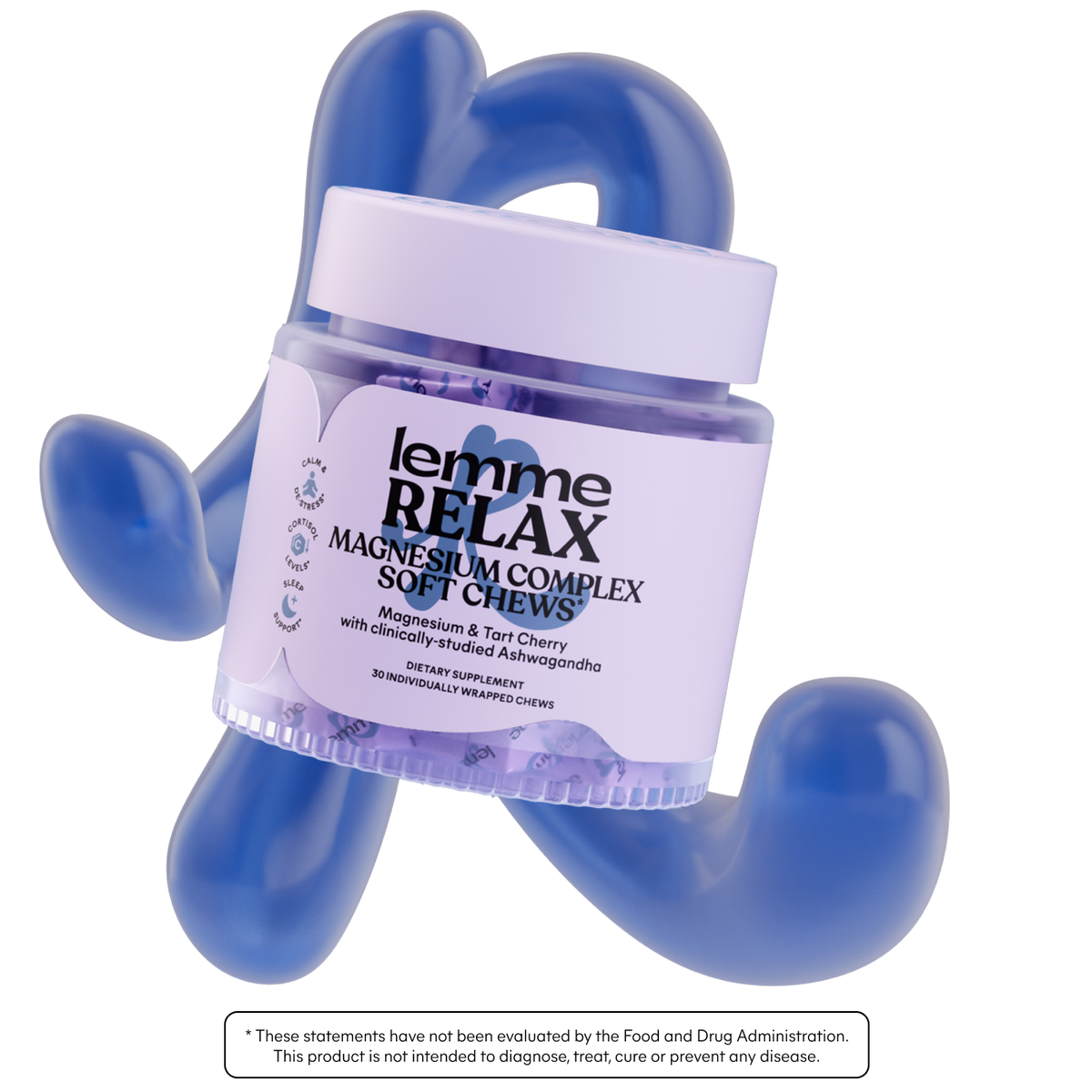 Jar of 'lemme RELAX' magnesium complex soft chews with blue holder on a white background
