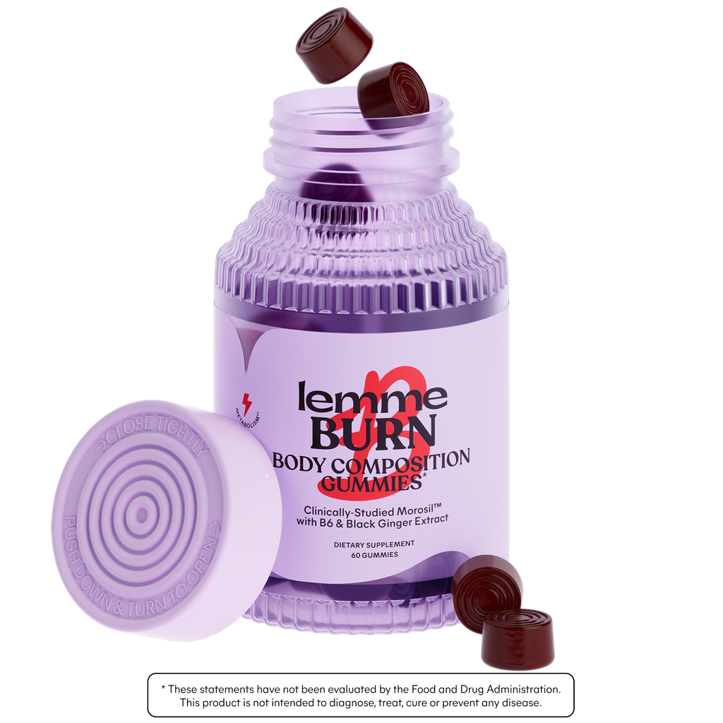 Purple bottle of 'lemme BURN Body Composition Gummies' with gummy bears on a white background