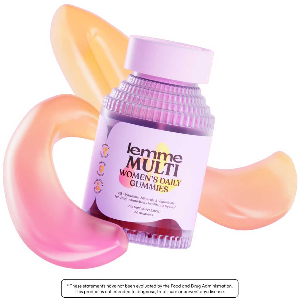 Bottle of lemme MULTI Women's Daily Gummies with colorful abstract shapes on a white background