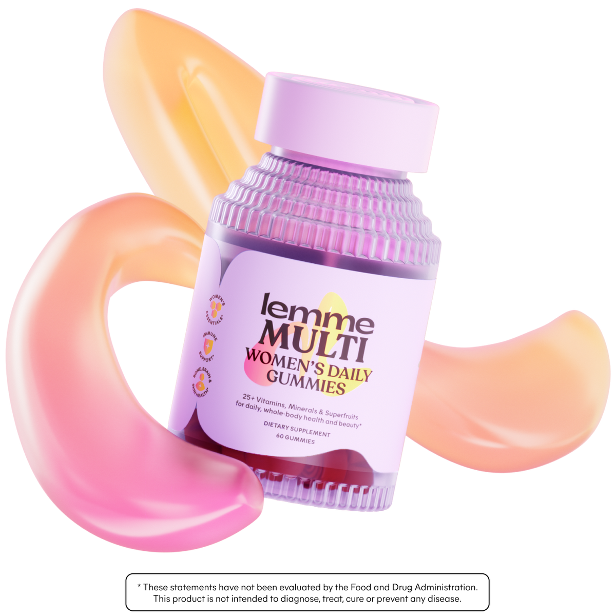 Bottle of lemme MULTI Women's Daily Gummies with colorful abstract shapes on a white background