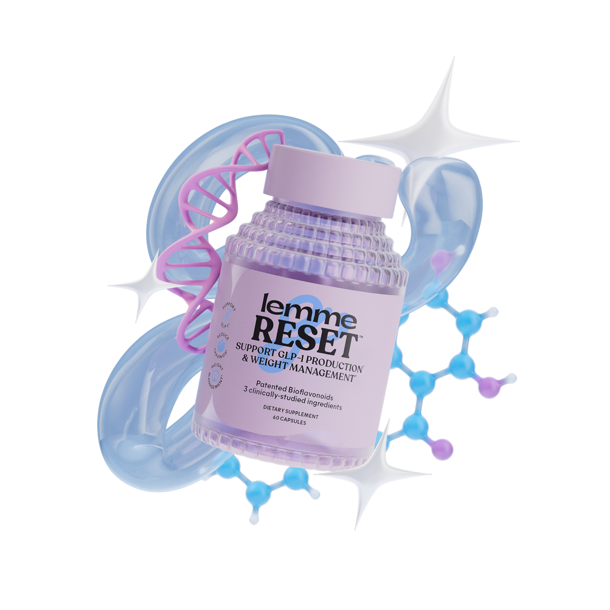Lemme Reset supplement bottle with molecular structures on a white background