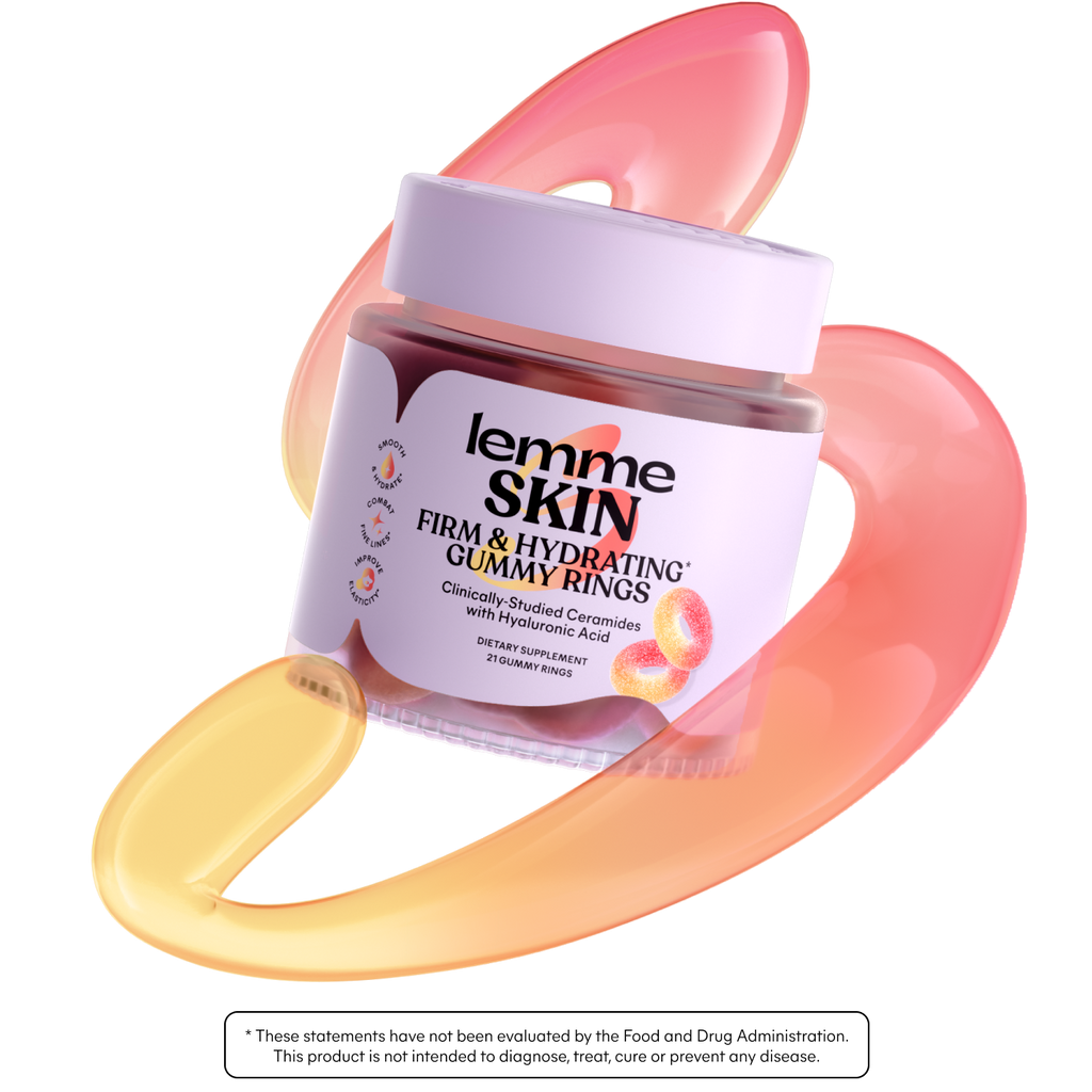 A jar of Lemme Skin Firm & Hydrating Gummy Rings shown on a white background with a translucent peach and yellow ring graphic behind it. The jar has a white lid and a white label with black and orange text.