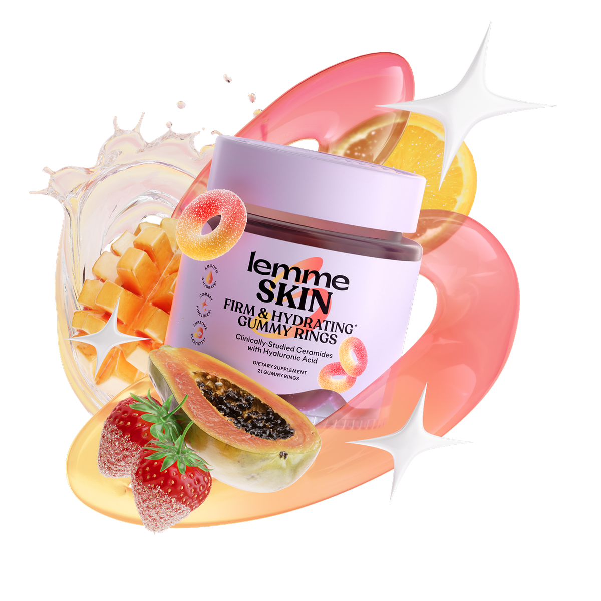 A jar of Lemme Skin Firm & Hydrating Gummy Rings centered on a white background, surrounded by colorful graphic elements including strawberries, papaya, mango pieces, and abstract pink and yellow shapes.